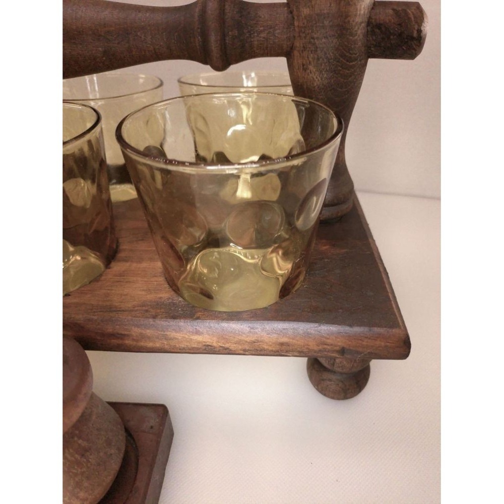 Vintage Amber Lowball Glasses Set of 6 with Wooden Caddy and Salt Pepper - Picture 7 of 8